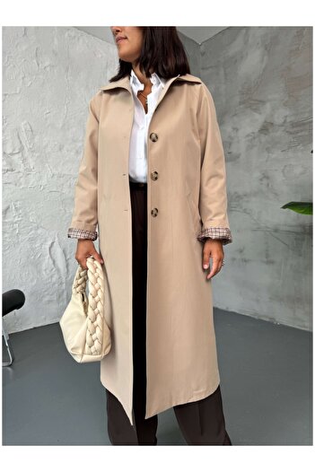 Elif Özbey Butik Camel Plaid Detailed Trench Coat
