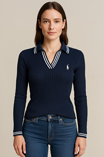 meday Clothing Women's Polo Neck Striped Detailed Sweater