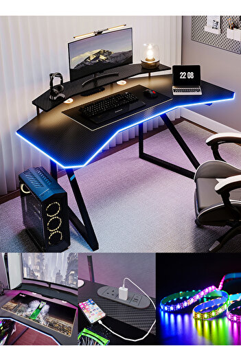 VariFurnx 160cm Wing-Shaped Gaming Computer Desk Power Outlet Smart LED Light Monitor Stand Gamer Carbon Fiber