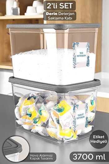 Meleni Home 2-Pack Detergent Storage Box with Label - Transparent Deep Bathroom Tablet Powder Detergent Box 3.7 Liters