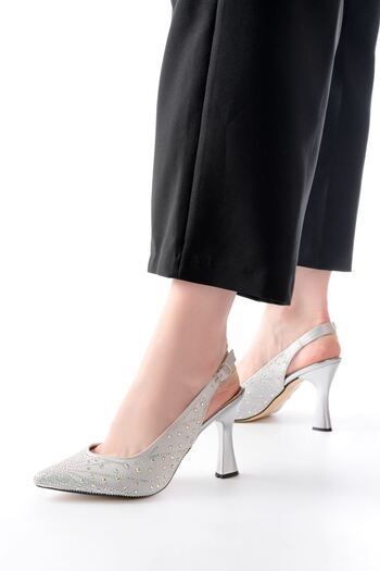 Budi S-601 Silver Open Back Casual Women's Sandals with Stone Accessories