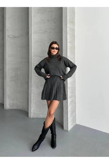 MODAMERSİ Women's Anthracite Turtleneck Sweater Skirt Bottom Top Set