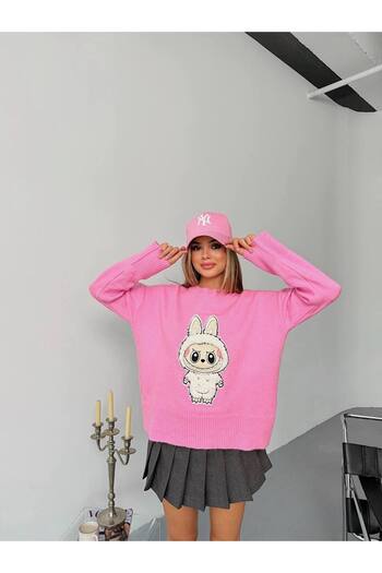 LE CARAMBOLE Women's Pink Crew Neck Embroidery Detailed Knitwear Sweater