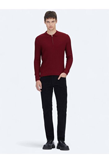Kip Red Polo Neck Jacquard Wool Blend Knit Sweater