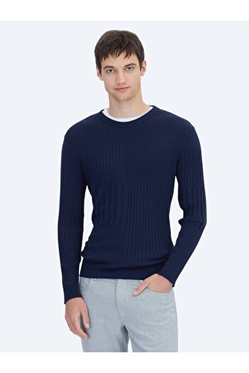 Kip Navy Blue Crew Neck Jacquard Knitwear Sweater