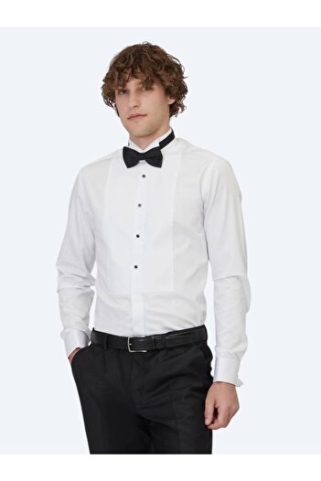 Kip White Plain Slim Fit Double Cuff Turtle Collar Tuxedo Shirt