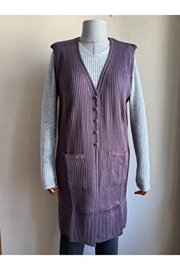TİRİTEK Mercerized Modern Hair Knit Single Knit Long Mother Vest / Lilac