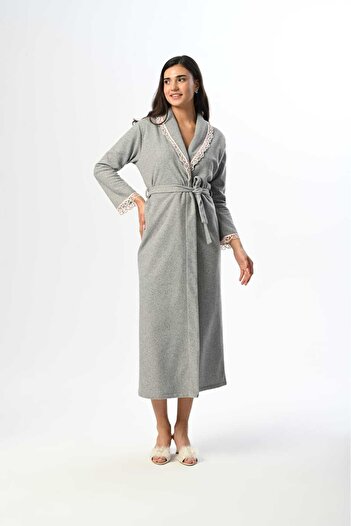Lohussa Women's Gray Velvet Shawl Collar Lace Winter Special Design Full Length Dressing Gown