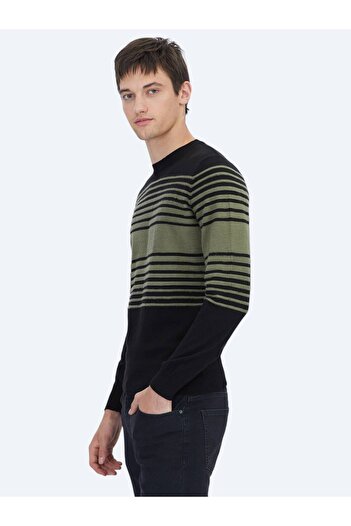 Kip Black Crew Neck Patterned Cotton Blend Sweater Sweater