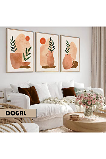 Harikabirev Children's Room Living Room-Minimalist Modern Bohemian Plants in Vase 06 | Wooden Framed 3-Piece Mdf Ahmdf