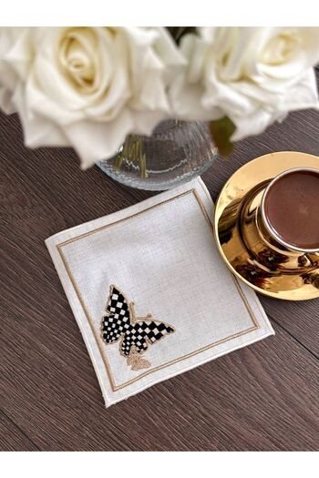 busrasdesign Checkered Butterfly Embroidered Cocktail Presentation Napkins Set of 6 Gold Glitter