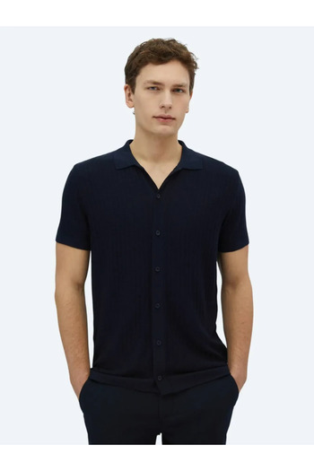 Kip Menswear Футболка з візерунком, прямий крій, застібка на ґудзики, поло-комір, трикотаж, синя TRK-1587