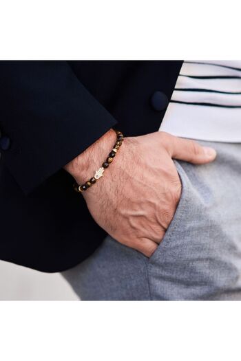 GT Collection Men’s Energy Bracelet – Tiger Eye Beads with Golden Hamsa Hand – Adjustable Cord