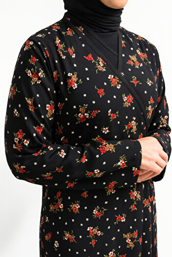Bilenler Floral Patterned Double Breasted Prayer Dress – 100% Viscose, Side Tie-Up Size 36-46