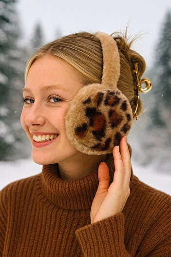 TAKIŞTIR Kahverengi Leopar Detaylı Peluş Kulaklık