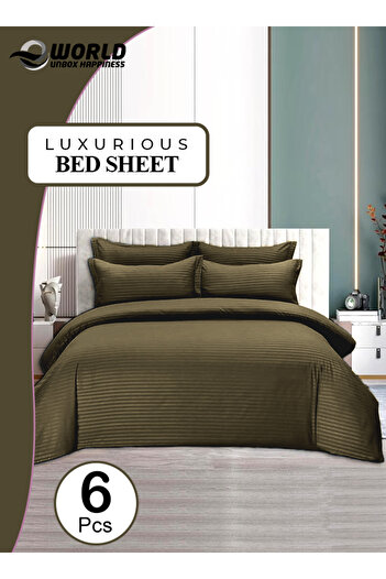 Eworld 6-Piece King Size Olive Green Striped Cotton Bedding Set with Fitted Sheet Quilt Cover & Pillowcases