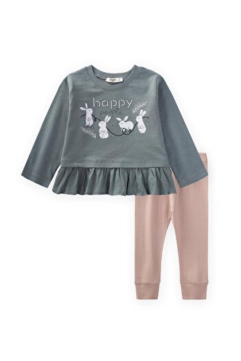 Cigit Rabbit Printed Skirt with Ruffled Leggings Set, Ages 1-6, Green