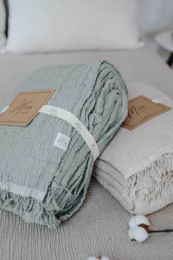 Mia Mina Home Baby Single Bedspread - Pike 4 Layer Muslin 100% Cotton Fringed Double Color Khaki / Ecru