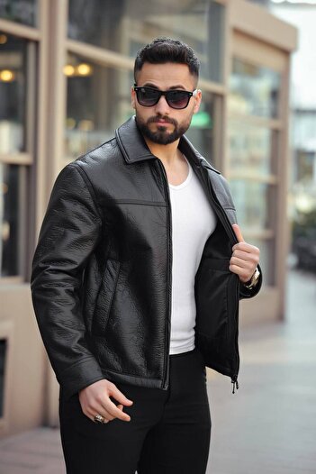 KOCCI Jachetă din piele pentru bărbați, model ZR, sezon nou, cu potrivire relaxată