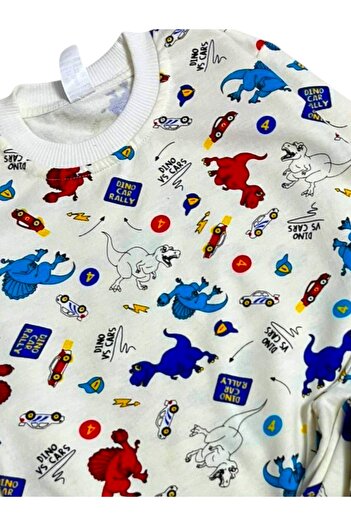 Fil Kids Boy's Cotton Fabric Ecru Colored Dinosaurs Patterned Long Sleeve Winter Pajama Set