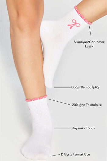 bamboo star Bamboo Women's Pink Ruffled Tennis College Bow Patterned Premium Seamless White Socks 3-Pack