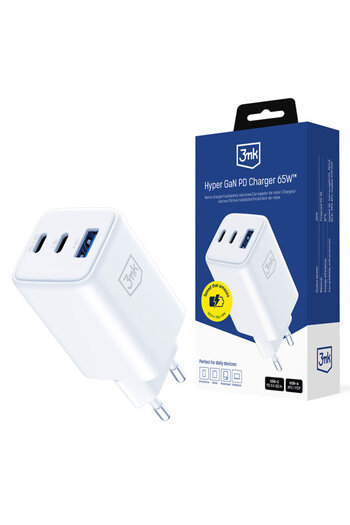 3MK USB-A/C GaN 65W Wall Charger, Hyper, White