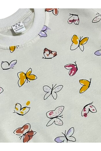 Fil Kids Girl's Cotton Fabric Ecru Colored Butterflies Patterned Long Sleeve Winter Pajama Set