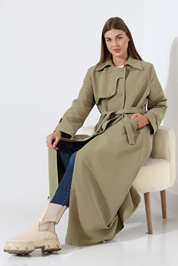 B.HE.Z Amazon Linen Fabric Long Length Buttoned Lined Soft Textured Trench Jeans Mintgreen