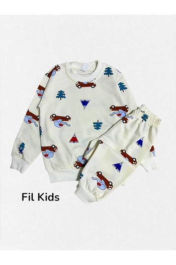 Fil Kids Boy's Cotton Fabric Ecru Elephant Car Patterned Long Sleeve Winter Pajama Set