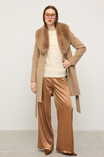 Olcay Shawl Collar Fur Waist-Tied Coat A.Kamel 3093