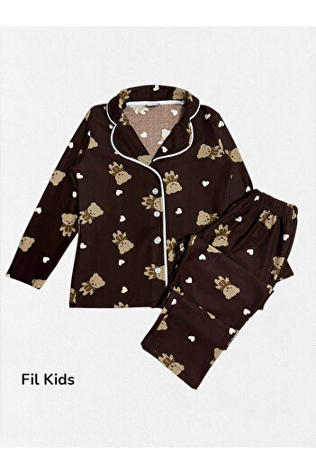 Fil Kids Mother-Daughter Cotton Suede Brown Teddy Bear Heart Pattern Long Sleeve Shirt Collar Winter Pajamas Set