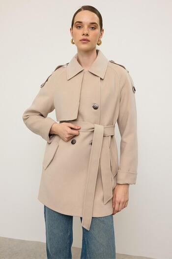 Olcay Reglan Sleeve Epaulet and Cape Detailed Cashmere Coat Light Beige 3131