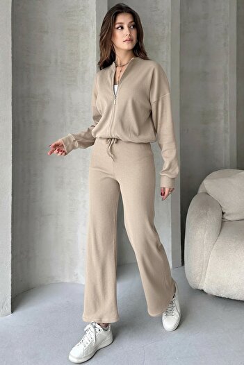 EYYE Beige Camisole Pants Zippered Bomber Jacket Women's Bottom Top Set