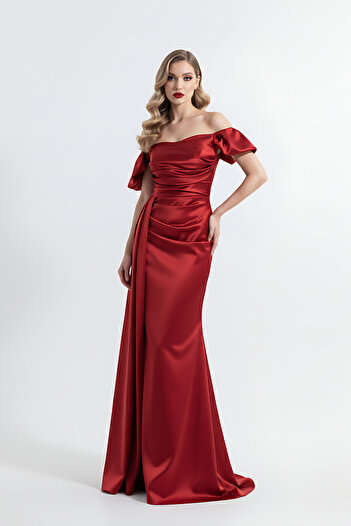 HOX'S Chloe |   Satin Strapless Maxi Evening Dress with Low Sleeves Draped - Red
