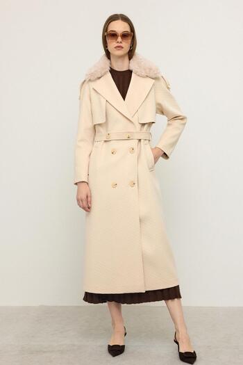 Olcay Removable Fur Self-Patterned Limited Edition Coat Cream 3127