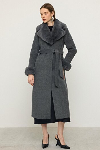 Olcay Long Coat with Detachable Fur Collar and Sleeves Dark Gray 3088