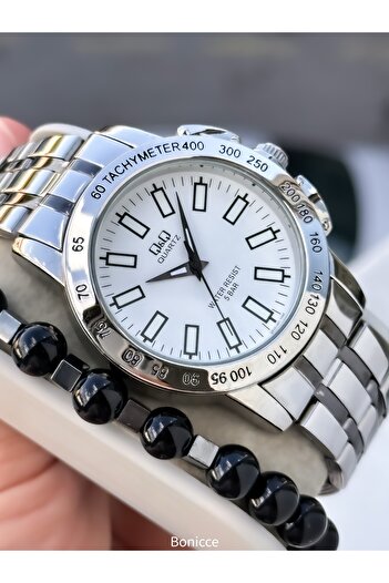 Q&Q Men's Wristwatch, Silver Steel Band, 5 Atm Water Resistant, with Bracelet Gift