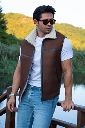fubileather Men's Leather Vest - Genuine Lambskin Brown with Real Fur Inside