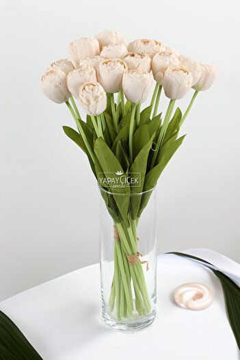 Yapay Çiçek Deposu Artificial Flower 7-Piece Luxury Dry Model Tulip Bouquet 40 cm Cream
