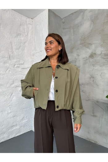 Elif Özbey Butik Khaki Pile Detailed Short Trench Coat