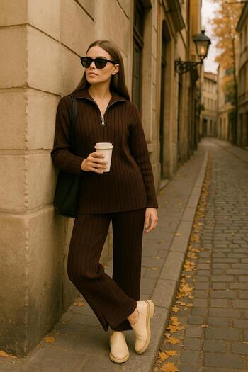 trivvy Women's Ribbed Collar Zippered Leg Slit Side Zippered Knitwear Set Etftt