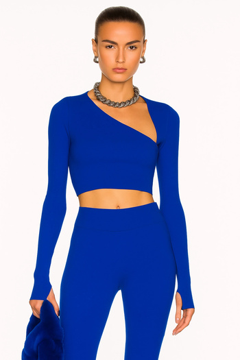 MetuCA Women's Blue Asymmetrical Neckline Long Sleeve Finger-Loop Sandy Fabric Crop Blouse