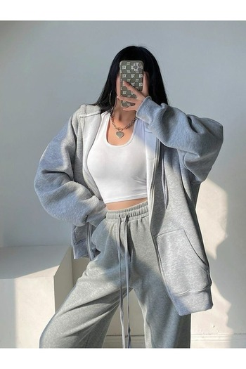 Elvino Unprinted Oversize Women'S/Men's Unisex Winter 3 Thread Gray Jacket and Sweatpants Set