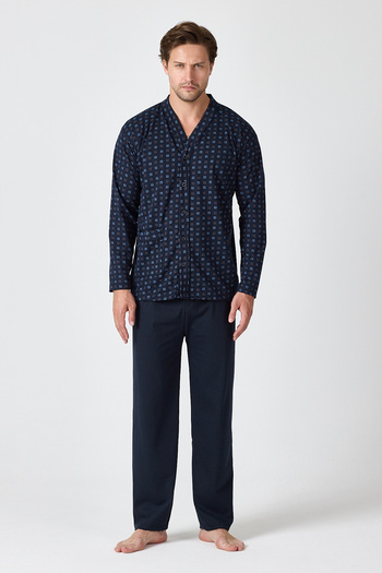 LadyMina Pijama Men's Long Sleeve Navy Blue Pajama Set