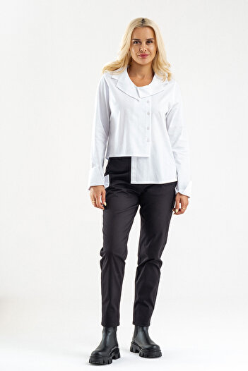 Bold & Young Women's Cuffed Asymmetrical Baby Collar Lycra Cotton Blouse