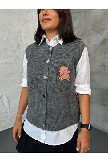 Elif Özbey Butik Anthracite Teddy Embroidered Sweater