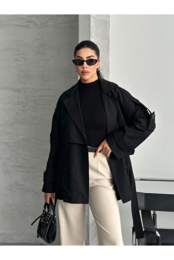 FERZOLAİO Perry Buttoned Short Black Trench Coat