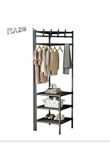 Razo Corner stand, Clothes hanger, 2/3 storage shelves, 4 double hooks, 40x40X185/ 188 cm, Black