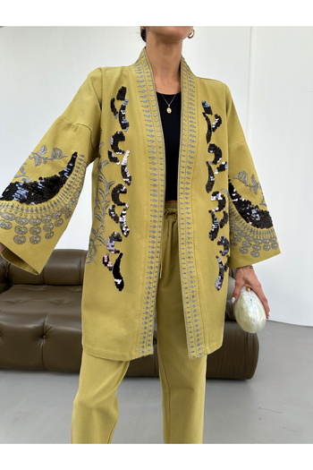 MİA NOURA Women's Front and Sleeves Pulpalet Embroidered Kimono Pants Set