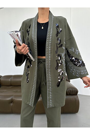 MİA NOURA Women's Front and Sleeves Pulpalet Embroidered Kimono Pants Set